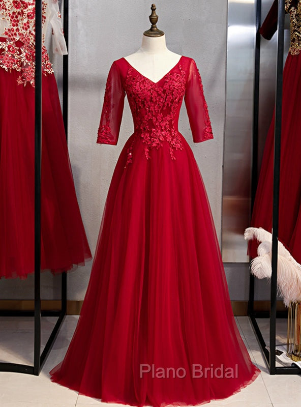 A-Line Burgundy Tulle Lace Appliques Short Sleeve Formal Prom Dresses Main image