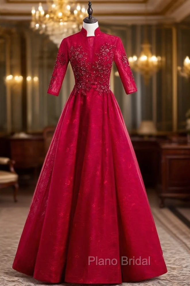 A-Line Burgundy Tulle Lace High Neck Short Sleeve Formal Prom Dresses Main image