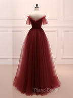 A-Line Burgundy Tulle Long Formal Prom Dresses, Burgundy Long Evening Dresses