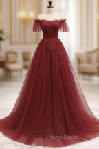 A-Line Burgundy Tulle Long Formal Prom Dresses, Burgundy Long Evening Dresses