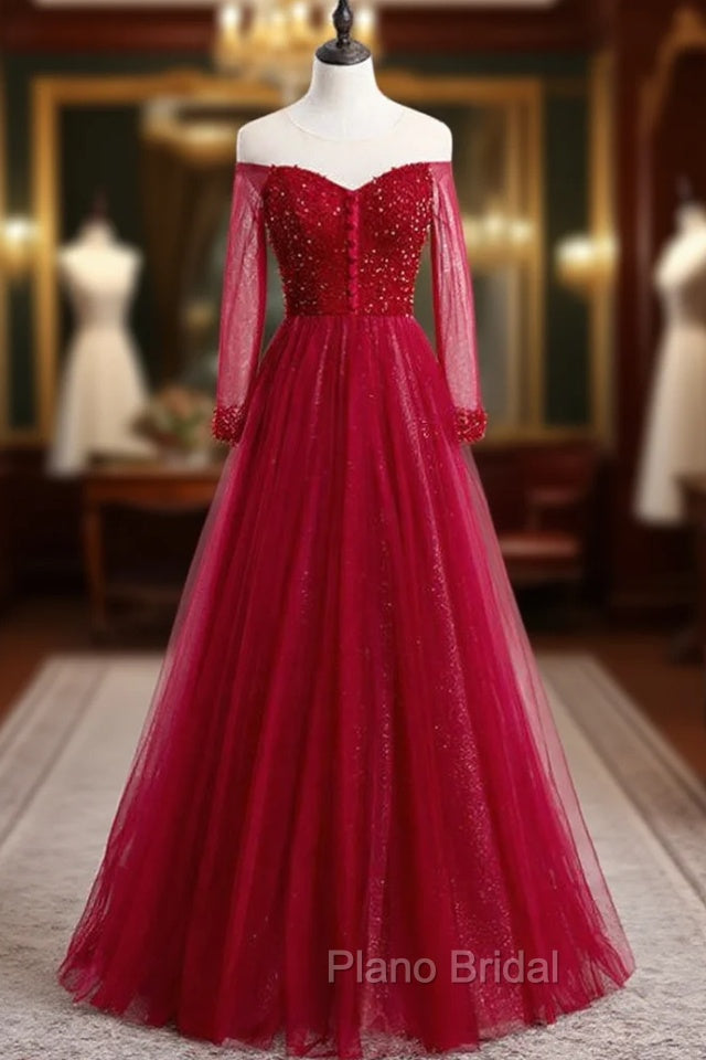 A-Line Burgundy Tulle Long Sleeve Backless Formal Prom Dresses With Beading