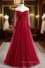 A-Line Burgundy Tulle Long Sleeve Backless Formal Prom Dresses With Beading