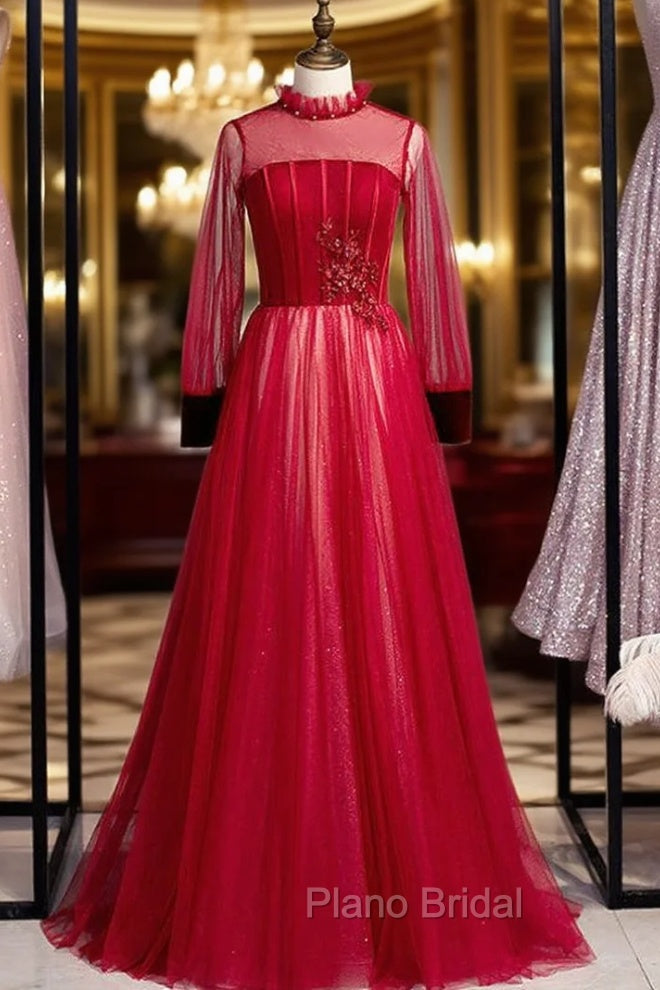 A-Line Burgundy Tulle Long Sleeve Backless Formal Prom Dresses Main image