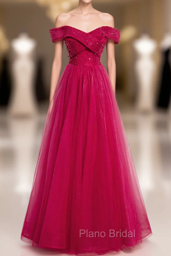 A-Line Burgundy Tulle Off the Shoulder Beading Sequins Formal Prom Dresses Main image