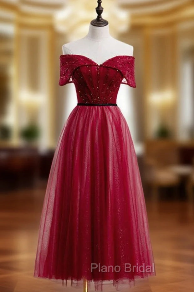 A-Line Burgundy Tulle Off the Shoulder Tea Length Formal Prom Dresses Main image