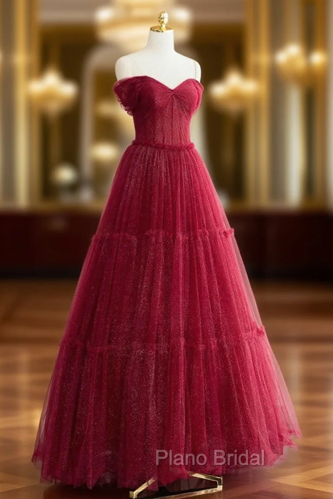 A-Line Burgundy Tulle Pleats Off the Shoulder Formal Prom Dresses Main image