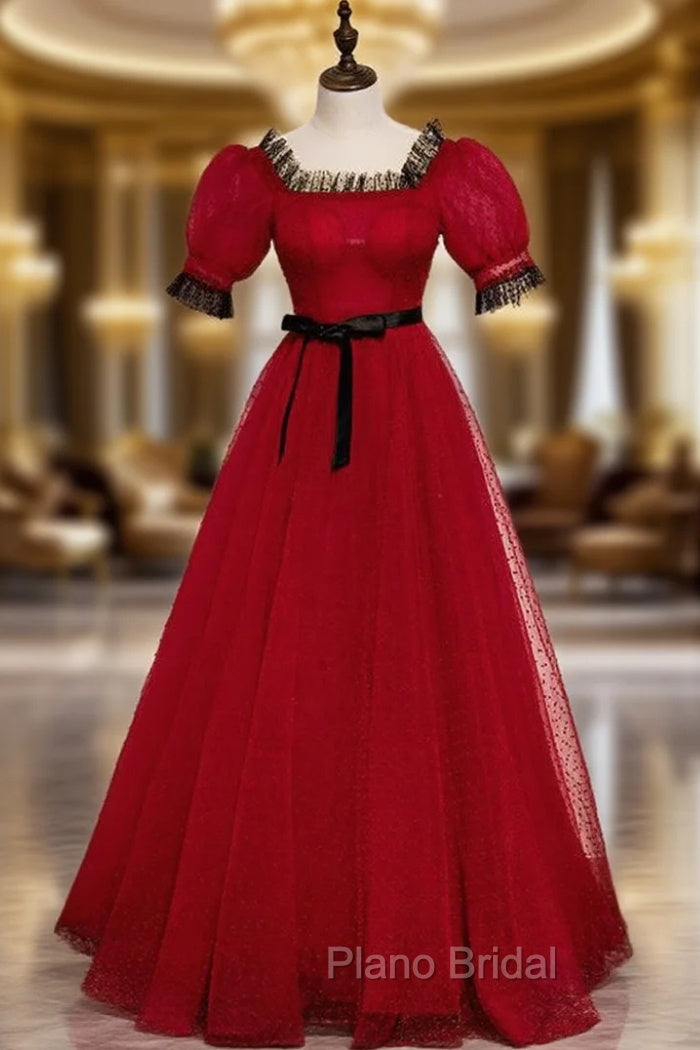 A-Line Burgundy Tulle Puff Sleeve Formal Prom Dresses