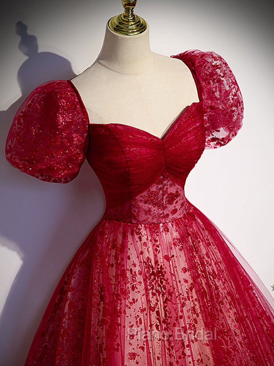 A Line Burgundy Tulle Sequin Long Formal Prom Dresses, Burgundy Formal Dresses