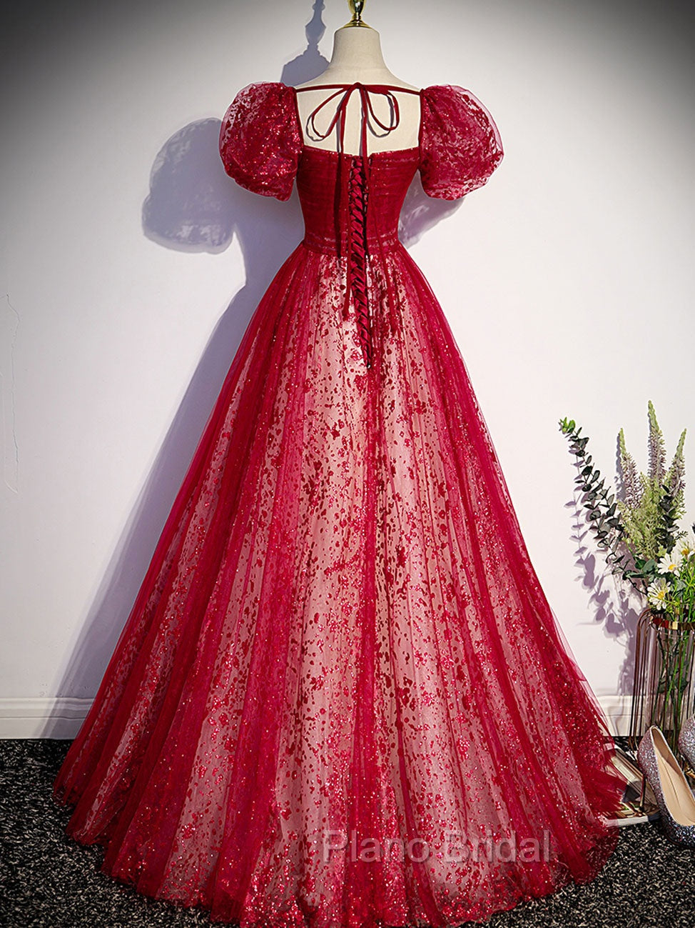 A Line Burgundy Tulle Sequin Long Formal Prom Dresses, Burgundy Formal Dresses