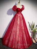 A Line Burgundy Tulle Sequin Long Formal Prom Dresses, Burgundy Formal Dresses
