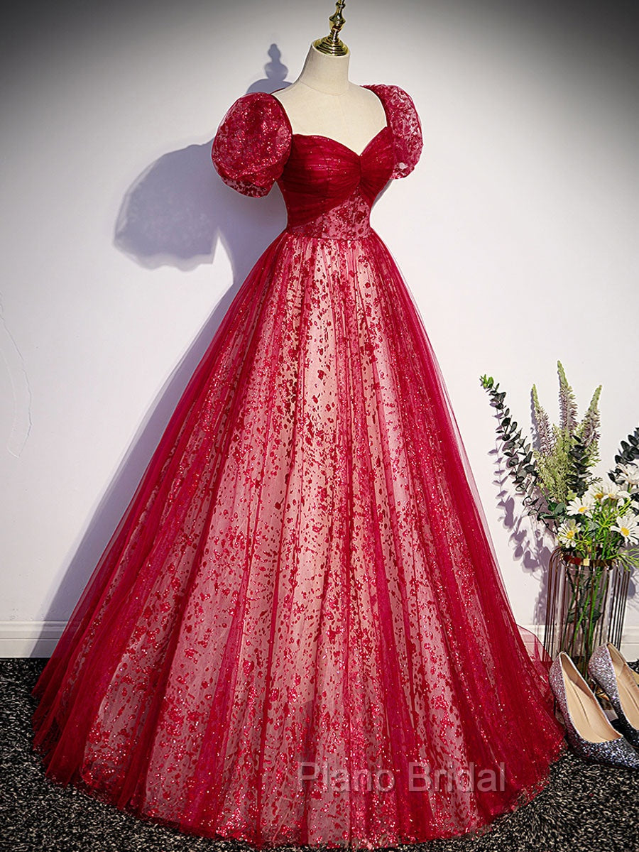 A Line Burgundy Tulle Sequin Long Formal Prom Dresses, Burgundy Formal Dresses