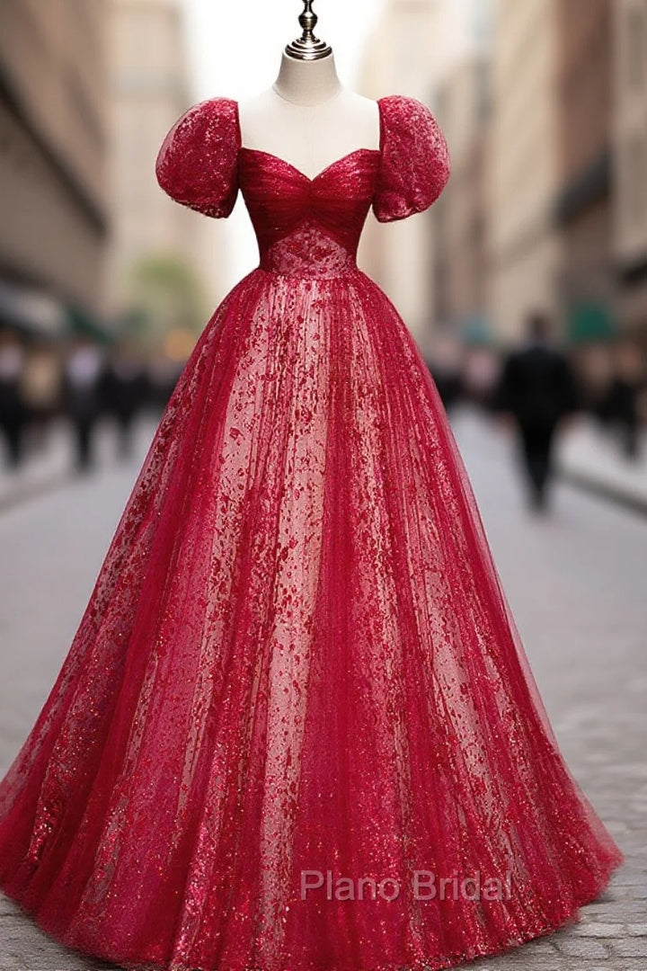 A Line Burgundy Tulle Sequin Long Formal Prom Dresses, Burgundy Formal Dresses