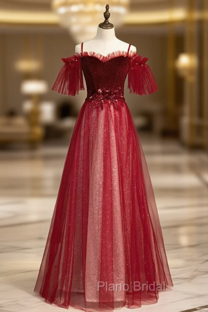 A-Line Burgundy Tulle Spaghetti Straps Appliques Formal Prom Dresses