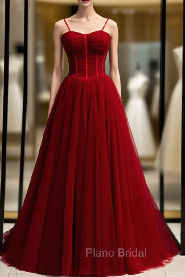 A-Line Burgundy Tulle Spaghetti Straps Pleats Formal Prom Dresses Main image