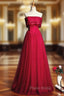 A-Line Burgundy Tulle Strapless Beading Formal Prom Dresses