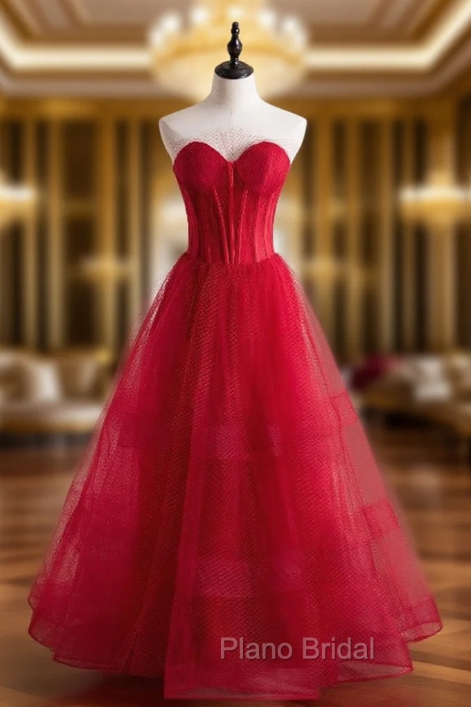 A-Line Burgundy Tulle Sweetheart Formal Prom Dresses Main image