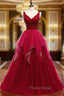 A-Line Burgundy Tulle V-neck Backless Beading Formal Prom Dresses