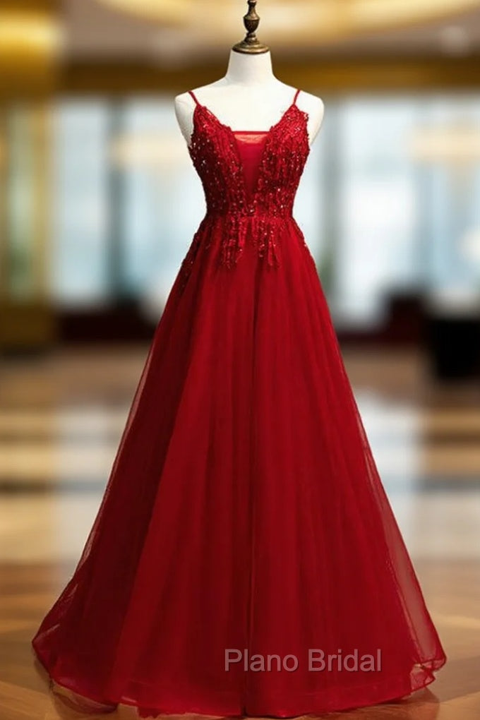A-Line Burgundy Tulle V-neck Embrodiery Formal Prom Dresses