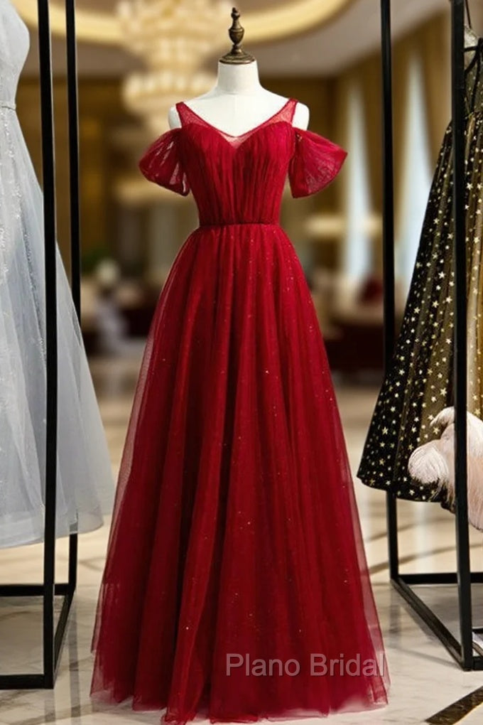 A-Line Burgundy Tulle V-neck Long Formal Prom Dresses Main image