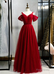 A-Line Burgundy Tulle V-neck Long Prom Dress
