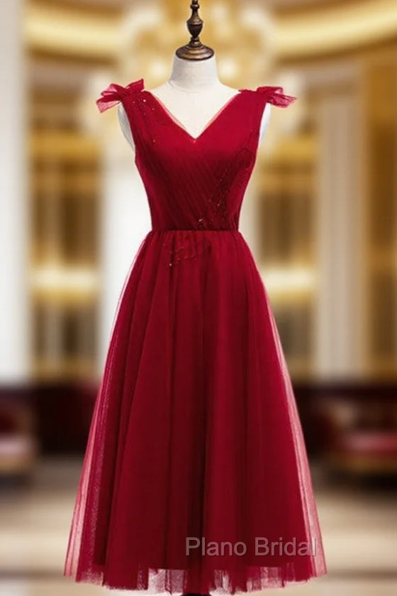 A-line Burgundy Tulle V-neck Pleats Beading Tea Length Formal Prom Dresses