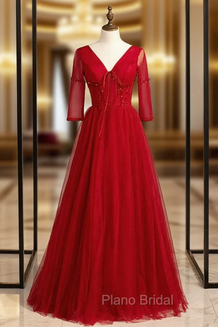 A-Line Burgundy Tulle V-neck Short Sleeve Beading Formal Prom Dresses Main image