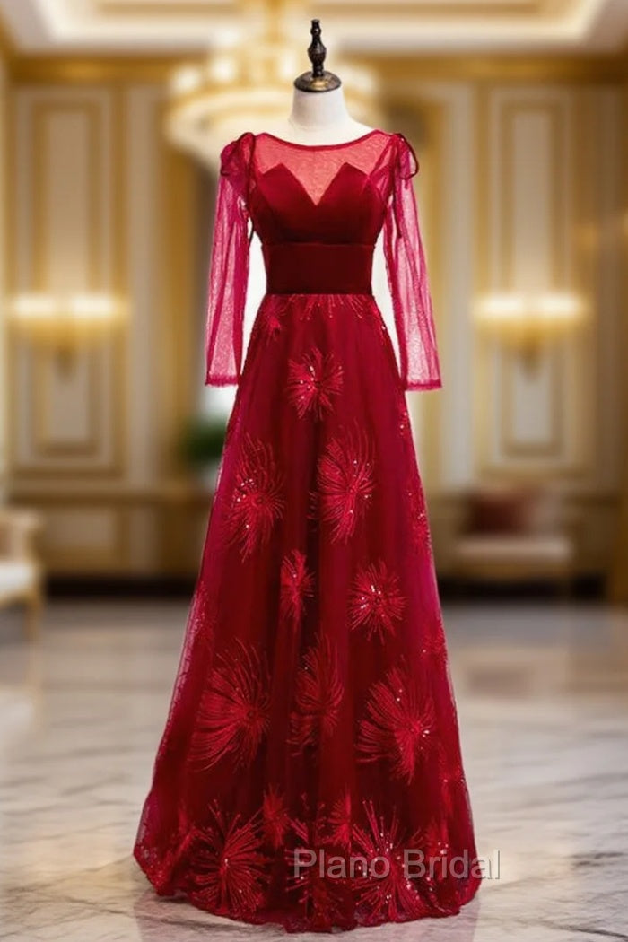 A-Line Burgundy Tulle Velvet Long Sleeve Formal Prom Dresses Main image