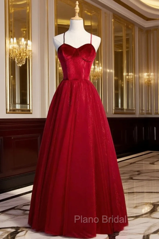 A-Line Burgundy Tulle Velvet Spaghetti Straps Formal Prom Dresses