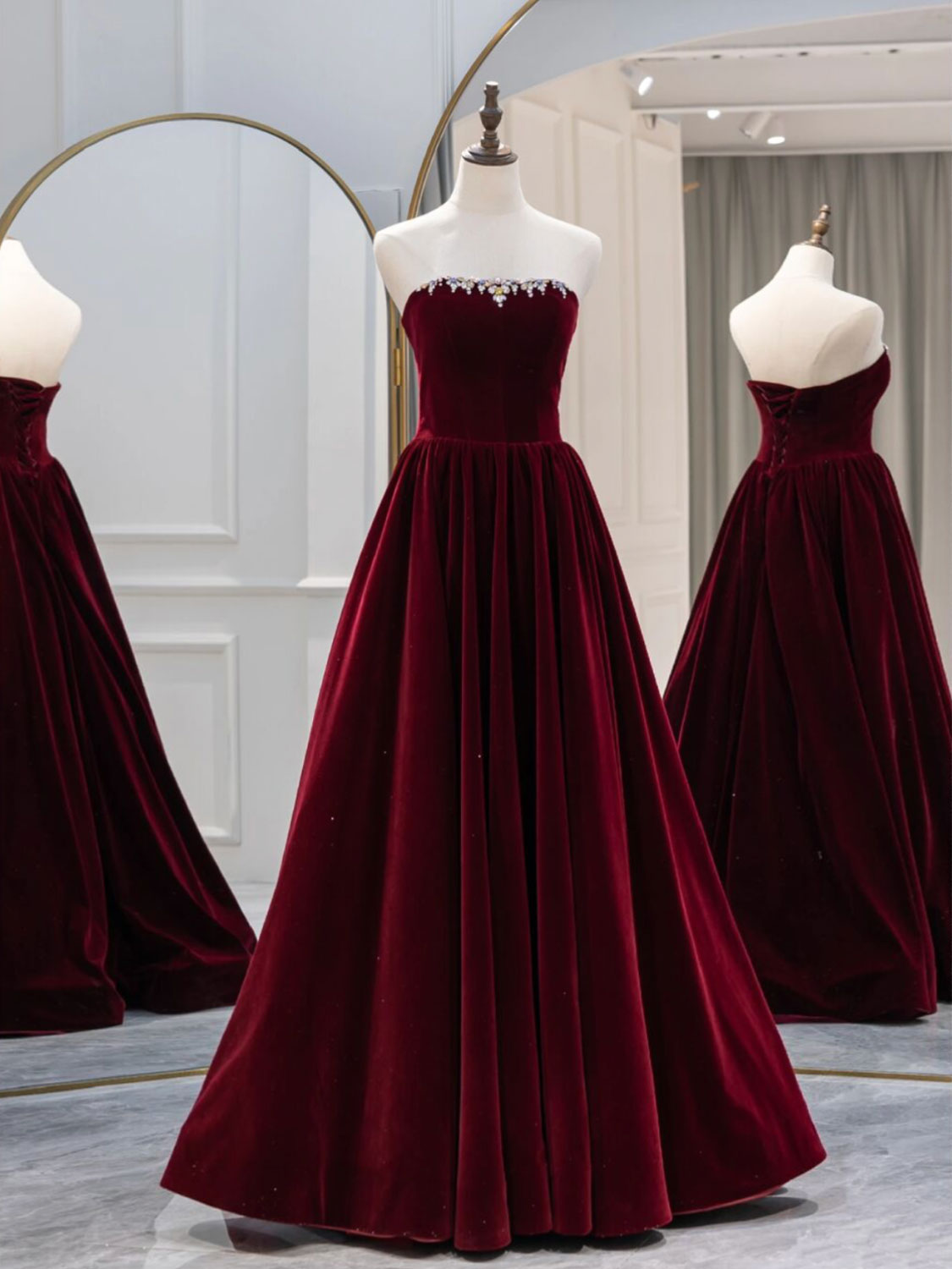 A-Line Burgundy Velvet Long Formal Prom Dresses, Burgundy Prom Dresses