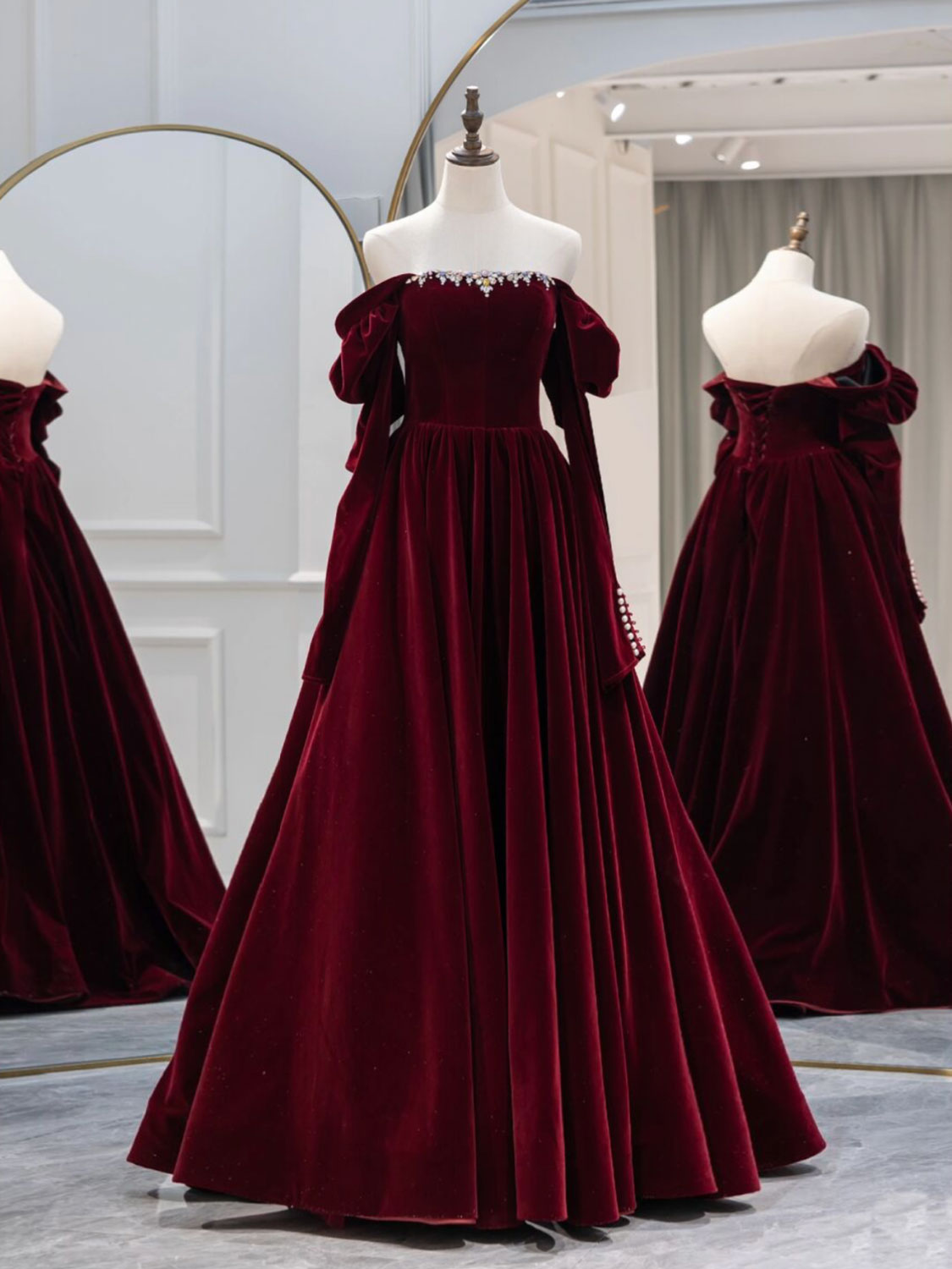 A-Line Burgundy Velvet Long Formal Prom Dresses, Burgundy Prom Dresses Main image