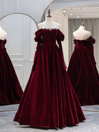 A-Line Burgundy Velvet Long Formal Prom Dresses, Burgundy Prom Dresses