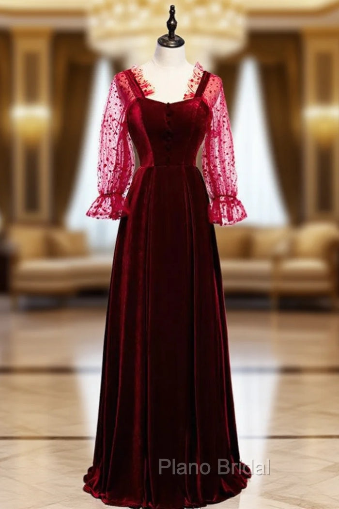A-Line Burgundy Velvet Long Sleeve Backless Formal Prom Dresses