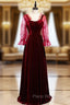 A-Line Burgundy Velvet Long Sleeve Backless Formal Prom Dresses