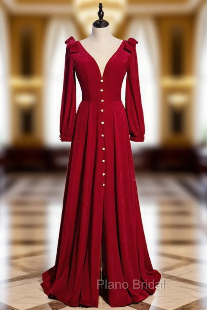 A-Line Burgundy Velvet Long Sleeve Formal Prom Dresses With Split Main image