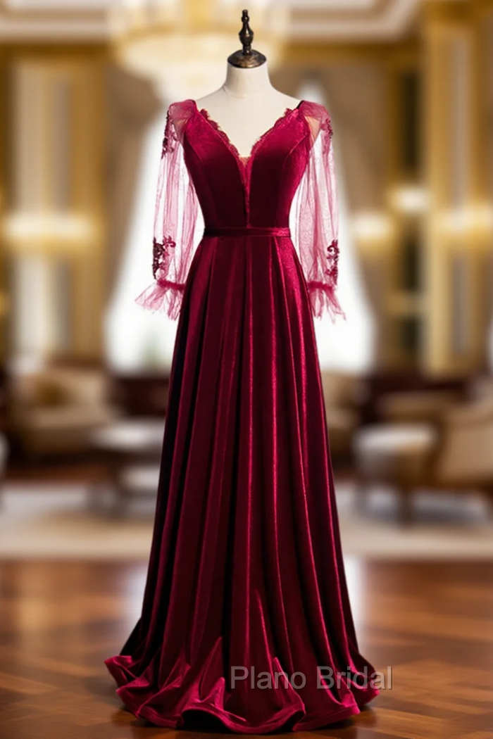 A-Line Burgundy Velvet Long Sleeve V-neck Formal Prom Dresses