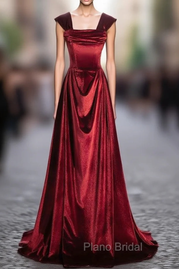 A-Line Burgundy Velvet Off the Shoulder Pleats Formal Prom Dresses Main image