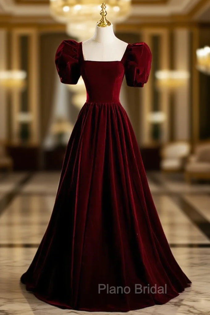 A-Line Burgundy Velvet Puff Sleeve Formal Prom Dresses Main image