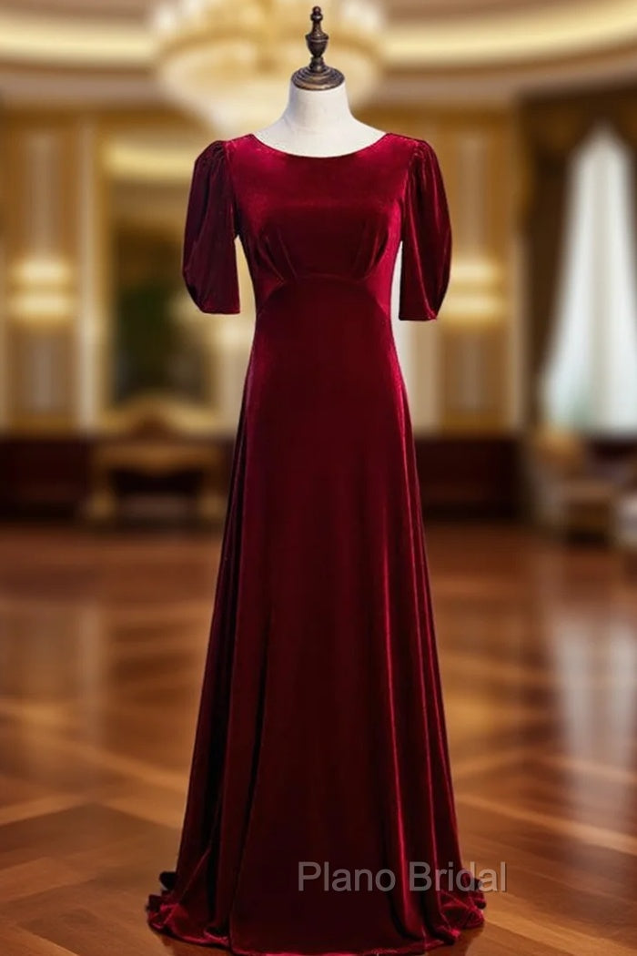 A-Line Burgundy Velvet Short Sleeve Pleats Formal Prom Dresses Main image