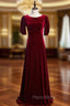 A-Line Burgundy Velvet Short Sleeve Pleats Formal Prom Dresses