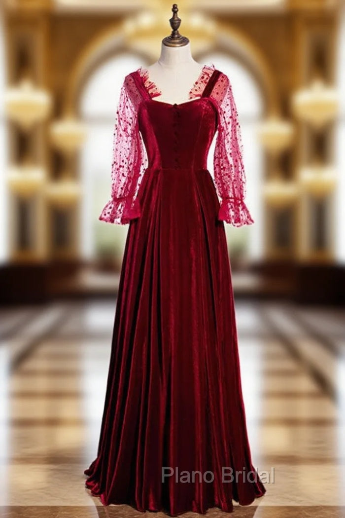 A-Line Burgundy Velvet Square Long Sleeve Wave Point Formal Prom Dresses