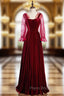 A-Line Burgundy Velvet Square Long Sleeve Wave Point Formal Prom Dresses