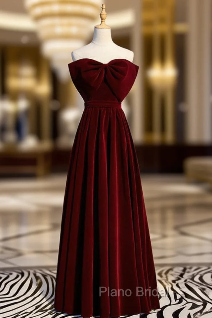 A-Line Burgundy Velvet Strapless Long Formal Prom Dresses With Bow Main image