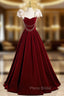 A-Line Burgundy Velvet Straps Pearls Formal Prom Dresses