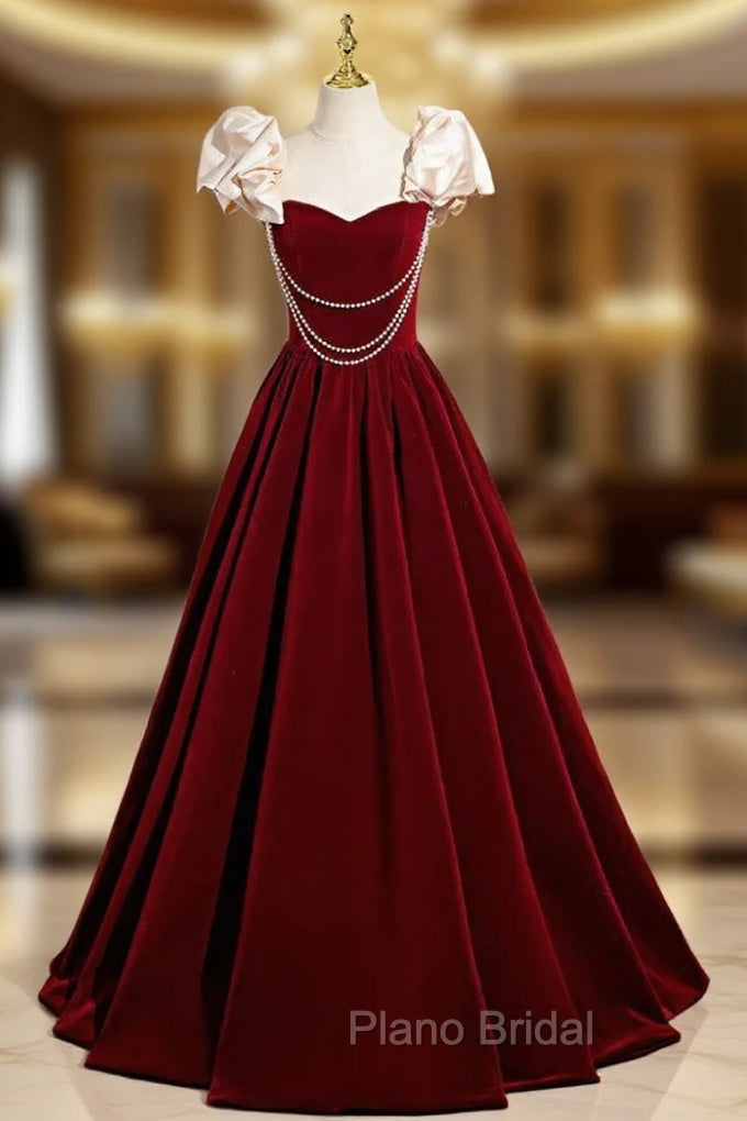 A-Line Burgundy Velvet Straps Pearls Formal Prom Dresses Main image