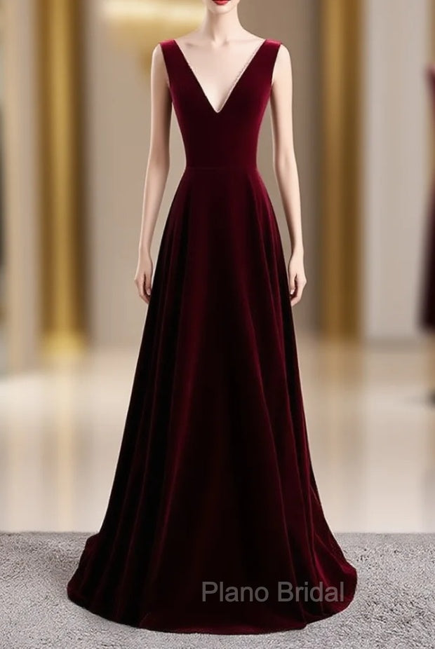 A-Line Burgundy Velvet V-neck Backless Formal Prom Dresses Main image
