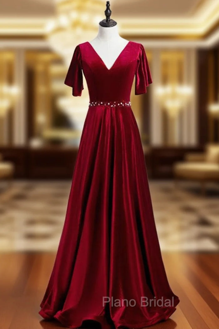 A-Line Burgundy Velvet V-neck Beading Sequins Formal Prom Dresses Main image