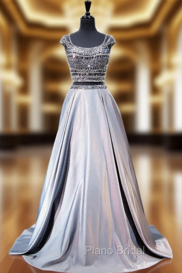 A-line Cap Sleeve Beaded Crystals Grey Backless Two Piece Formal Prom Dresses Main image