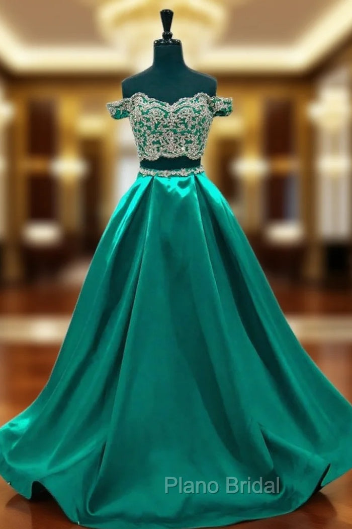 A-line Cap Sleeve Beaded Lace Green Two Piece Formal Prom Dresses