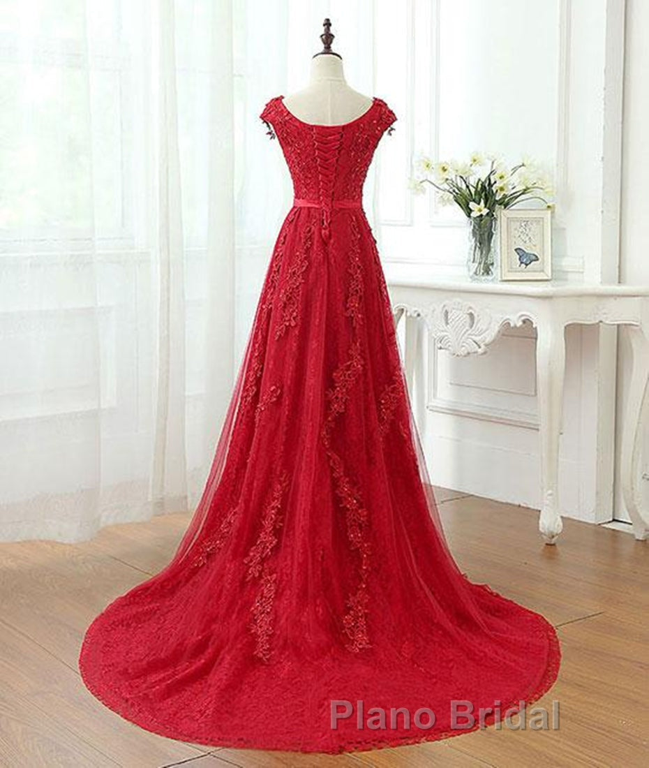 A Line Cap Sleeves Burgundy Lace Long Formal Prom Dress with Appliques, Burgundy Formal Dress, Burgundy Evening Dress