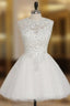 A-line Cap Sleeves Short Mini Organza Crystals Open Back Cocktail Dresses